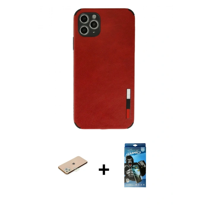 MARSİLYAN™- iPhone 11 Pro Max Kılıf Doruk Asil Koleksiyonu - Siyah 34D Izgaralı Cam + Renkli Kamera Lens Koruma Cam - YL