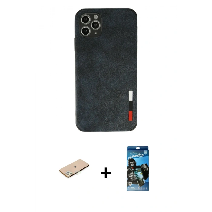 MARSİLYAN™- iPhone 11 Pro Max Kılıf Doruk Asil Koleksiyonu - Siyah 34D Izgaralı Cam + Renkli Kamera Lens Koruma Cam - YL