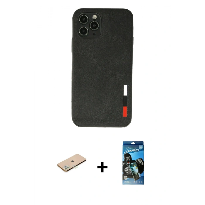 MARSİLYAN™- iPhone 11 Pro Max Kılıf Doruk Asil Koleksiyonu - Siyah 34D Izgaralı Cam + Renkli Kamera Lens Koruma Cam - YL