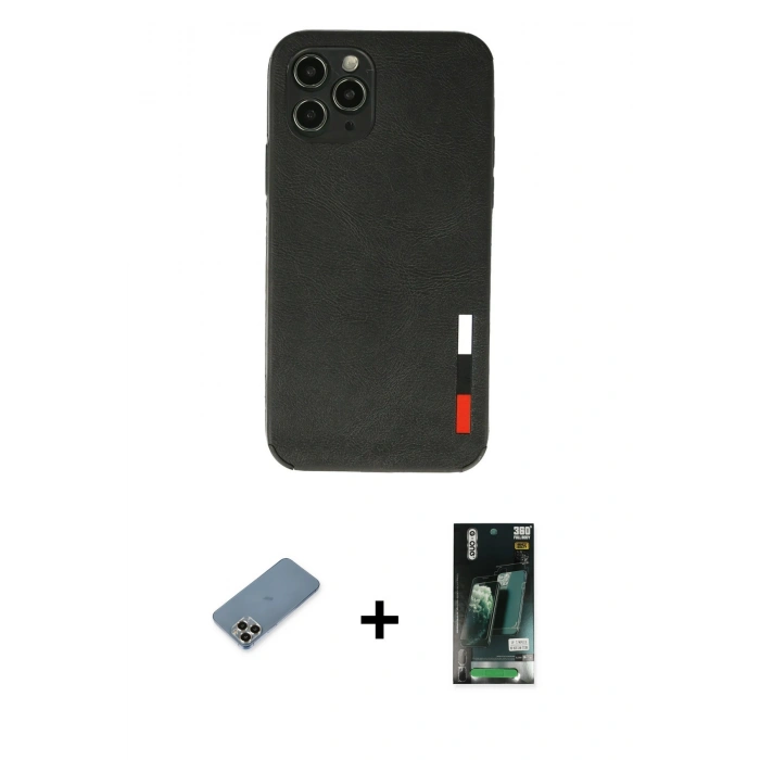MARSİLYAN™- iPhone 11 Pro Max Kılıf Doruk Asil Koleksiyonu - Siyah 360 Mat Full Body Arka Koruyucu + Metal Kamera Lens Koruma Cam - GD