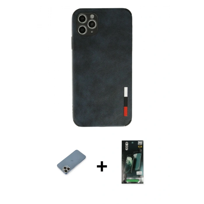 MARSİLYAN™- iPhone 11 Pro Max Kılıf Doruk Asil Koleksiyonu - Siyah 360 Mat Full Body Arka Koruyucu + Metal Kamera Lens Koruma Cam - GD