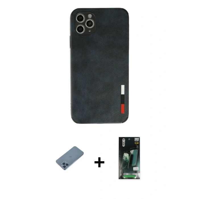 MARSİLYAN™- iPhone 11 Pro Max Kılıf Doruk Asil Koleksiyonu - Siyah 360 Mat Full Body Arka Koruyucu + Shine Kamera Lens Koruma Cam - MI