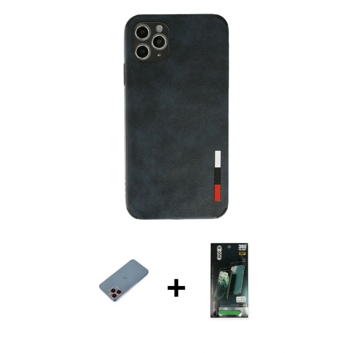 MARSİLYAN™- iPhone 11 Pro Max Kılıf Doruk Asil Koleksiyonu - Siyah 360 Mat Full Body Arka Koruyucu + Shine Kamera Lens Koruma Cam - PE