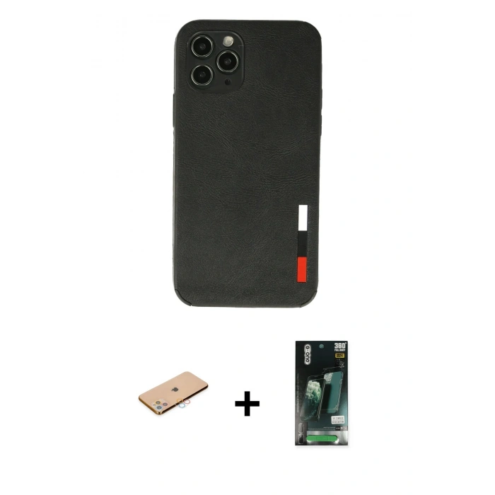 MARSİLYAN™- iPhone 11 Pro Max Kılıf Doruk Asil Koleksiyonu - Siyah 360 Mat Full Body Arka Koruyucu + Renkli Kamera Lens Koruma Cam - PE