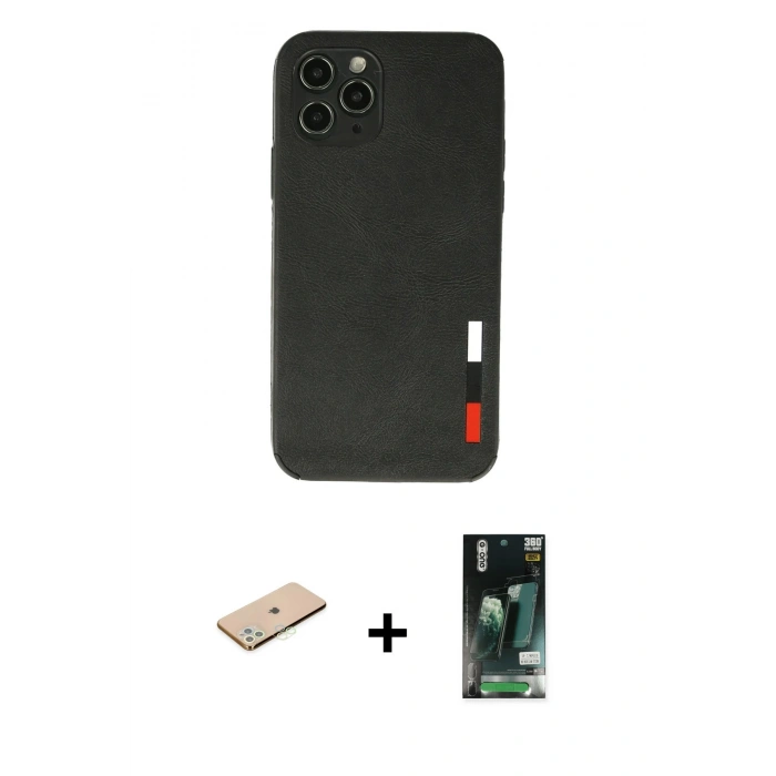 MARSİLYAN™- iPhone 11 Pro Max Kılıf Doruk Asil Koleksiyonu - Siyah 360 Mat Full Body Arka Koruyucu + Renkli Kamera Lens Koruma Cam - YL