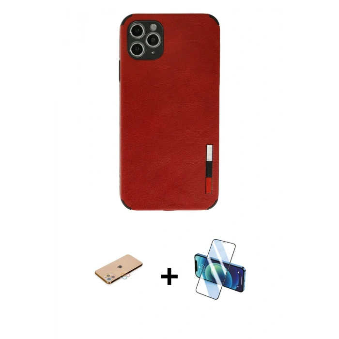 MARSİLYAN™- iPhone 11 Pro Max Kılıf Doruk Asil Koleksiyonu - Siyah 3D Antistatik Cam Ekran Koruyucu + Renkli Kamera Lens Koruma Cam - PE