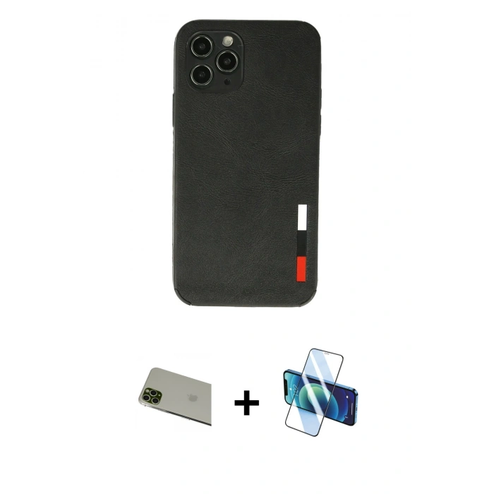 MARSİLYAN™- iPhone 11 Pro Max Kılıf Doruk Asil Koleksiyonu - Siyah 3D Antistatik Cam Ekran Koruyucu + Rainbow Kamera Lens Koruma Cam - YL