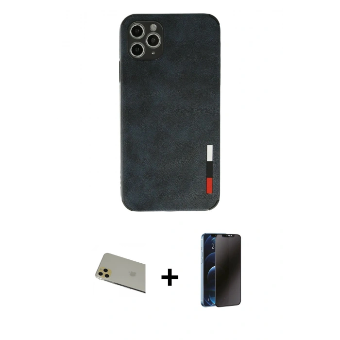 MARSİLYAN™- iPhone 11 Pro Max Kılıf Doruk Asil Koleksiyonu - Siyah 3D Antistatik Hayalet Cam Ekran Koruyucu + Rainbow Kamera Lens Koruma Cam - GD