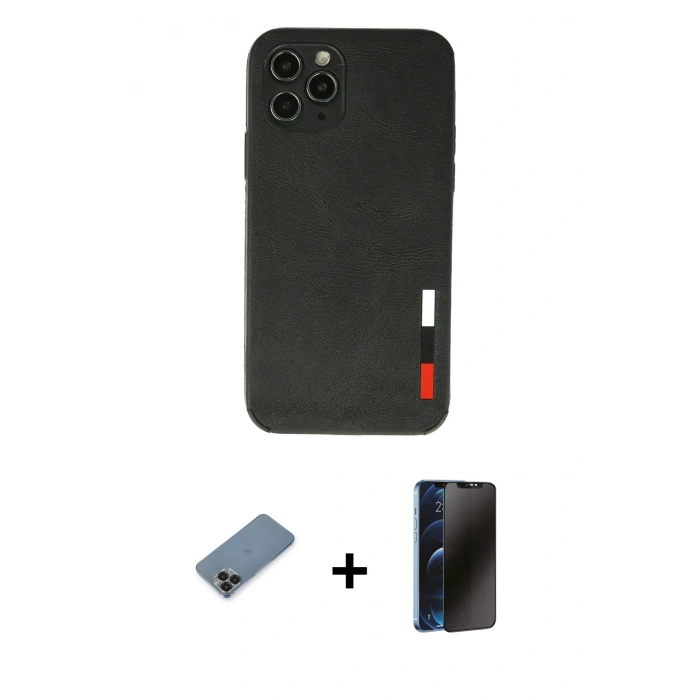 MARSİLYAN™- iPhone 11 Pro Max Kılıf Doruk Asil Koleksiyonu - Siyah 3D Antistatik Hayalet Cam Ekran Koruyucu + Metal Kamera Lens Koruma Cam - SH