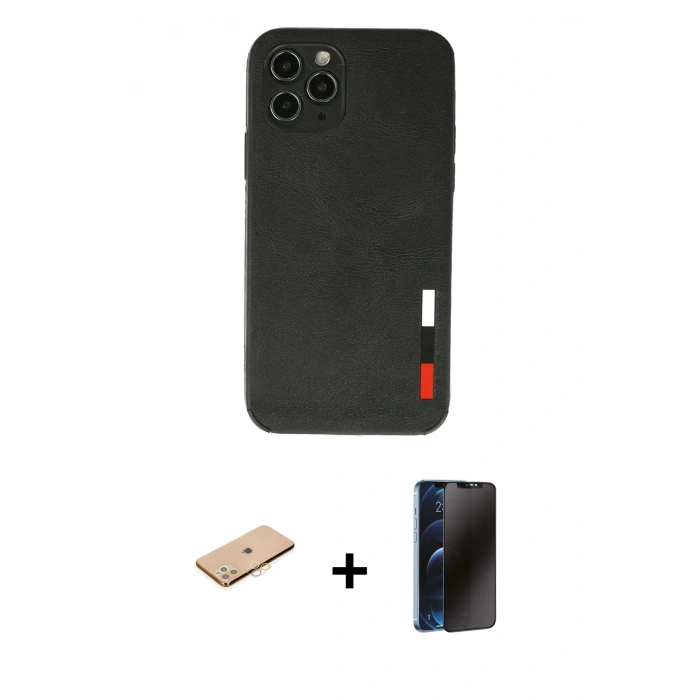MARSİLYAN™- iPhone 11 Pro Max Kılıf Doruk Asil Koleksiyonu - Siyah 3D Antistatik Hayalet Cam Ekran Koruyucu + Renkli Kamera Lens Koruma Cam - TU
