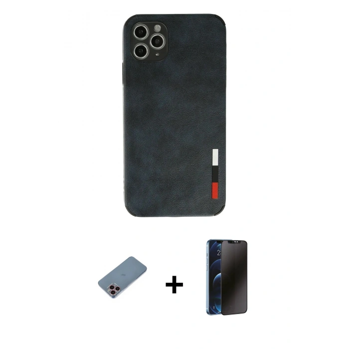MARSİLYAN™- iPhone 11 Pro Max Kılıf Doruk Asil Koleksiyonu - Siyah 3D Antistatik Hayalet Cam Ekran Koruyucu + Shine Kamera Lens Koruma Cam - PE