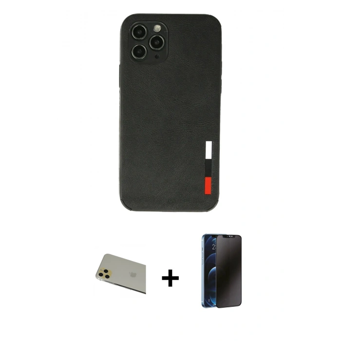 MARSİLYAN™- iPhone 11 Pro Max Kılıf Doruk Asil Koleksiyonu - Siyah 3D Antistatik Hayalet Cam Ekran Koruyucu + Rainbow Kamera Lens Koruma Cam - GD