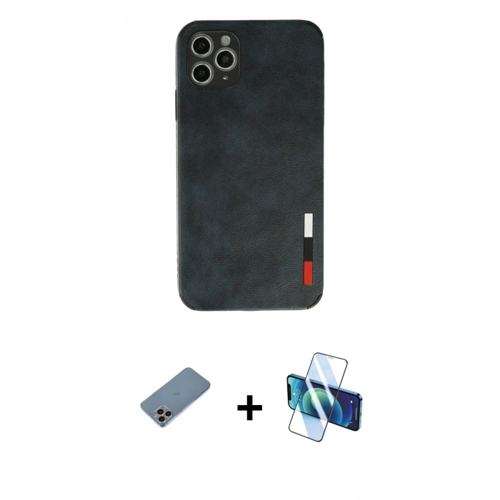 MARSİLYAN™- iPhone 11 Pro Max Kılıf Doruk Asil Koleksiyonu - Siyah 3D Antistatik Seramik Nano Ekran Koruyucu + Gökkuşağı Shine Kamera Lens Koruma Cam