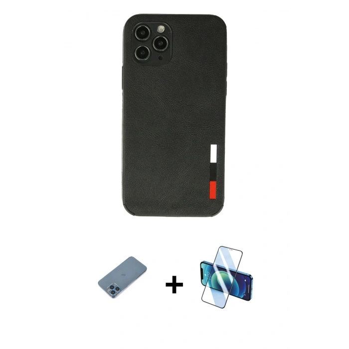 MARSİLYAN™- iPhone 11 Pro Max Kılıf Doruk Asil Koleksiyonu - Siyah 3D Antistatik Seramik Nano Ekran Koruyucu + Mavi Shine Kamera Lens Koruma Cam