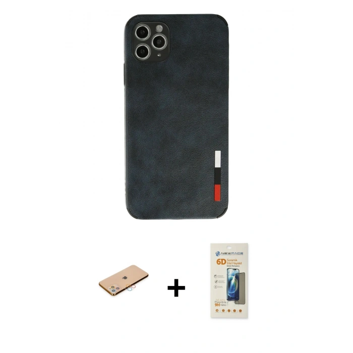 MARSİLYAN™- iPhone 11 Pro Max Kılıf Doruk Asil Koleksiyonu - Siyah 6D Mat Seramik Hayalet Nano Ekran Koruyucu + Renkli Kamera Lens Koruma Cam - PE