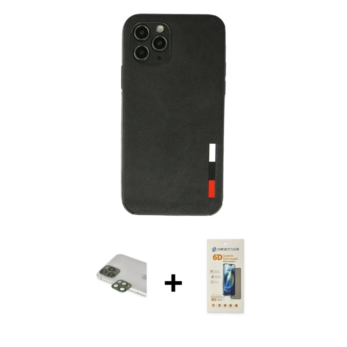 MARSİLYAN™- iPhone 11 Pro Max Kılıf Doruk Asil Koleksiyonu - Siyah 6D Mat Seramik Hayalet Nano Ekran Koruyucu + Pers Alüminyum Kamera Lens - YL