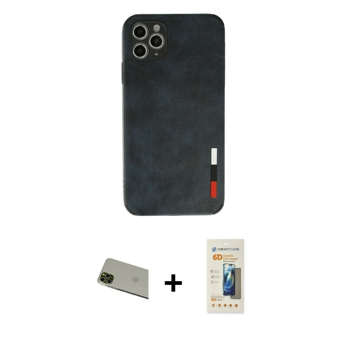 MARSİLYAN™- iPhone 11 Pro Max Kılıf Doruk Asil Koleksiyonu - Siyah 6D Mat Seramik Hayalet Nano Ekran Koruyucu + Rainbow Kamera Lens Koruma Cam - YL