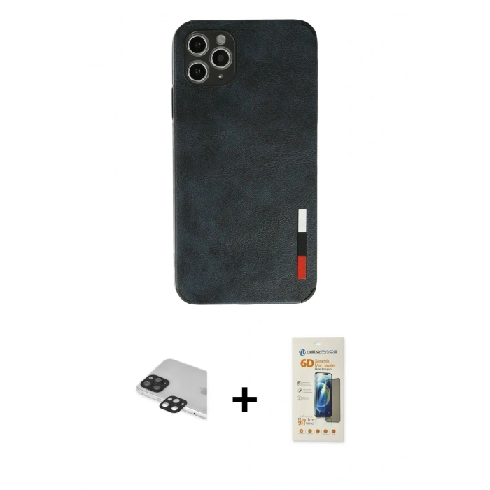 MARSİLYAN™- iPhone 11 Pro Max Kılıf Doruk Asil Koleksiyonu - Siyah 6D Mat Seramik Hayalet Nano Ekran Koruyucu + Pers Alüminyum Kamera Lens - SH