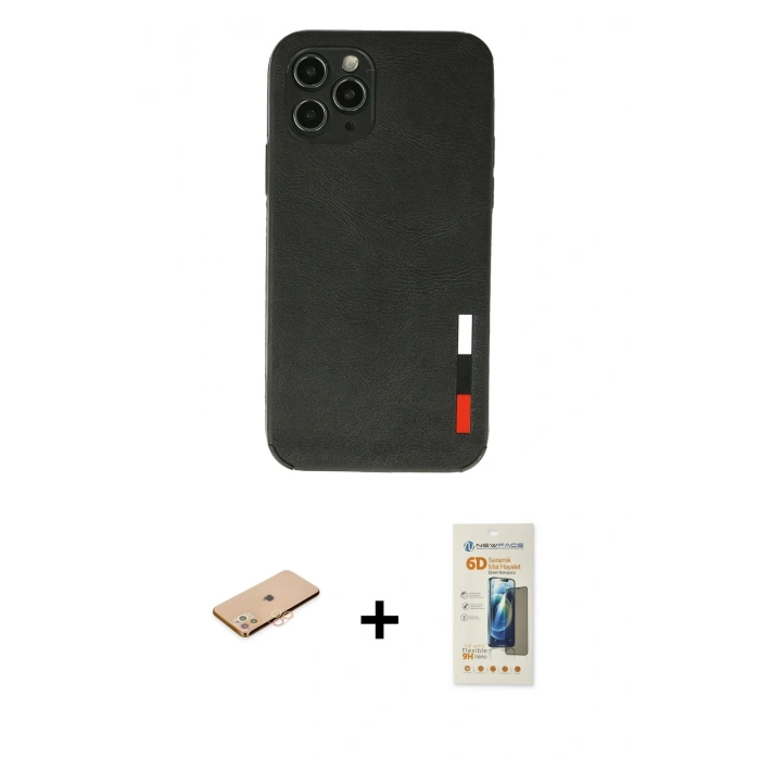 MARSİLYAN™- iPhone 11 Pro Max Kılıf Doruk Asil Koleksiyonu - Siyah 6D Mat Seramik Hayalet Nano Ekran Koruyucu + Renkli Kamera Lens Koruma Cam - TU