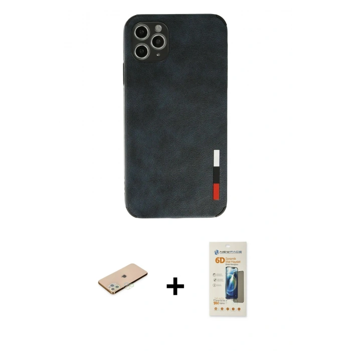 MARSİLYAN™- iPhone 11 Pro Max Kılıf Doruk Asil Koleksiyonu - Siyah 6D Mat Seramik Hayalet Nano Ekran Koruyucu + Renkli Kamera Lens Koruma Cam - YL