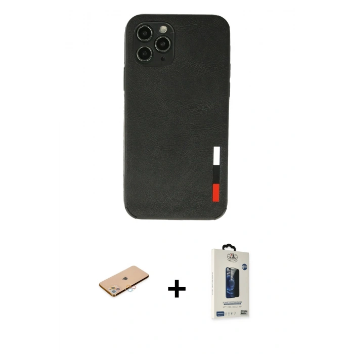 MARSİLYAN™- iPhone 11 Pro Max Kılıf Doruk Asil Koleksiyonu - Siyah Bilvis Hayalet Cam Ekran Koruyucu + Renkli Kamera Lens Koruma Cam - PE