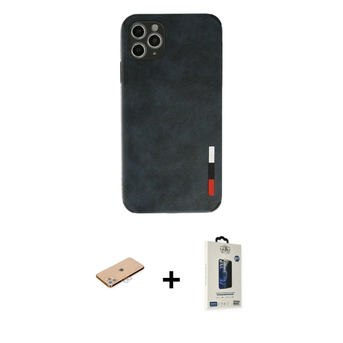 MARSİLYAN™- iPhone 11 Pro Max Kılıf Doruk Asil Koleksiyonu - Siyah Bilvis Hayalet Cam Ekran Koruyucu + Renkli Kamera Lens Koruma Cam - PE