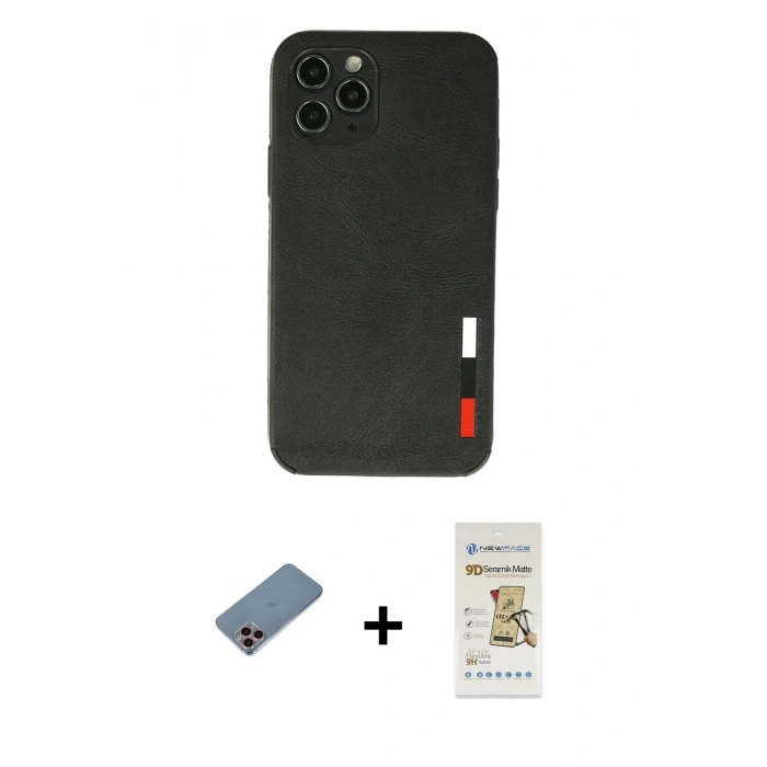 MARSİLYAN™- iPhone 11 Pro Max Kılıf Doruk Asil Koleksiyonu - Siyah Mat Seramik Nano Ekran Koruyucu + Shine Kamera Lens Koruma Cam - PE