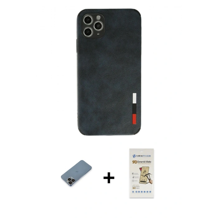 MARSİLYAN™- iPhone 11 Pro Max Kılıf Doruk Asil Koleksiyonu - Siyah Mat Seramik Nano Ekran Koruyucu + Metal Kamera Lens Koruma Cam - SH