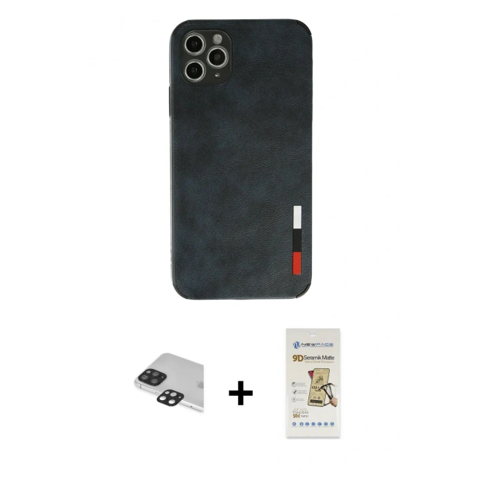 MARSİLYAN™- iPhone 11 Pro Max Kılıf Doruk Asil Koleksiyonu - Siyah Mat Seramik Nano Ekran Koruyucu + Pers Alüminyum Kamera Lens - SH
