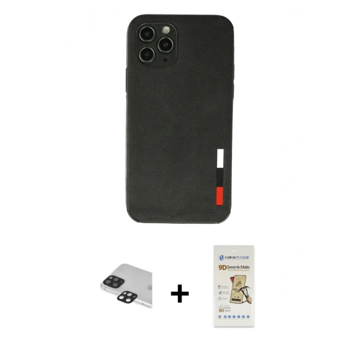 MARSİLYAN™- iPhone 11 Pro Max Kılıf Doruk Asil Koleksiyonu - Siyah Mat Seramik Nano Ekran Koruyucu + Pers Alüminyum Kamera Lens - SH