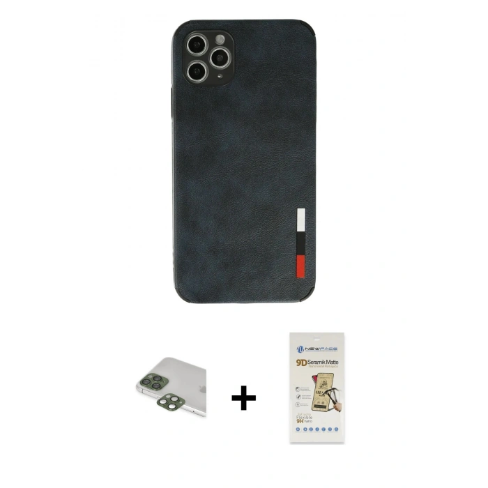 MARSİLYAN™- iPhone 11 Pro Max Kılıf Doruk Asil Koleksiyonu - Siyah Mat Seramik Nano Ekran Koruyucu + Pers Alüminyum Kamera Lens - YL