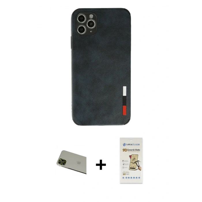 MARSİLYAN™- iPhone 11 Pro Max Kılıf Doruk Asil Koleksiyonu - Siyah Mat Seramik Nano Ekran Koruyucu + Rainbow Kamera Lens Koruma Cam - YL