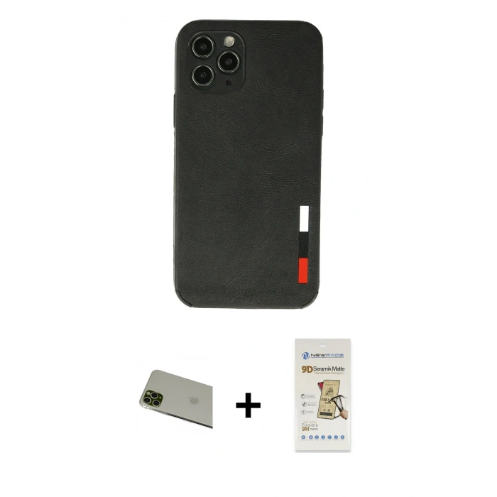 MARSİLYAN™- iPhone 11 Pro Max Kılıf Doruk Asil Koleksiyonu - Siyah Mat Seramik Nano Ekran Koruyucu + Rainbow Kamera Lens Koruma Cam - YL