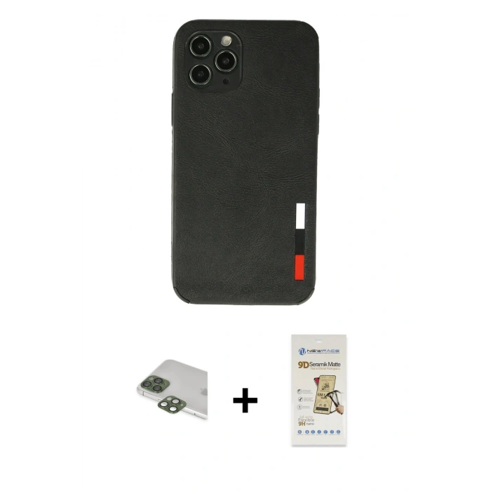 MARSİLYAN™- iPhone 11 Pro Max Kılıf Doruk Asil Koleksiyonu - Siyah Mat Seramik Nano Ekran Koruyucu + Pers Alüminyum Kamera Lens - YL