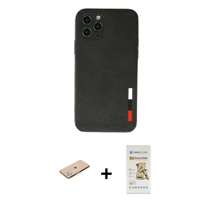 MARSİLYAN™- iPhone 11 Pro Max Kılıf Doruk Asil Koleksiyonu - Siyah Mat Seramik Nano Ekran Koruyucu + Renkli Kamera Lens Koruma Cam - YL
