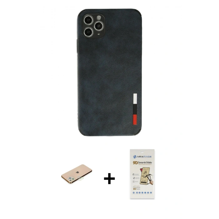 MARSİLYAN™- iPhone 11 Pro Max Kılıf Doruk Asil Koleksiyonu - Siyah Mat Seramik Nano Ekran Koruyucu + Renkli Kamera Lens Koruma Cam - YL