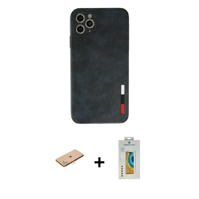 MARSİLYAN™- iPhone 11 Pro Max Kılıf Doruk Asil Koleksiyonu - Siyah Polymer Nano Ekran Koruyucu + Renkli Kamera Lens Koruma Cam - PE