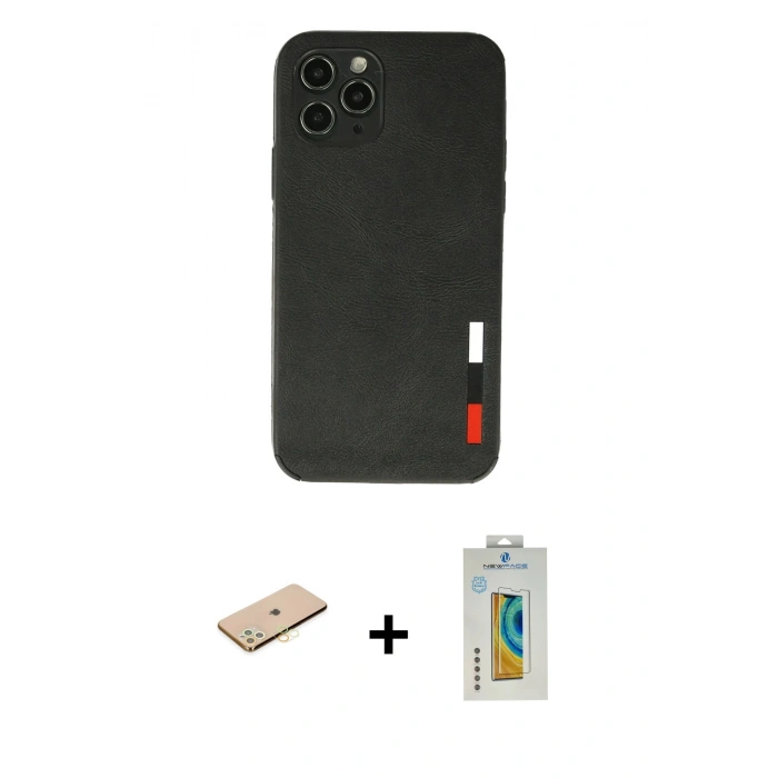 MARSİLYAN™- iPhone 11 Pro Max Kılıf Doruk Asil Koleksiyonu - Siyah Polymer Nano Ekran Koruyucu + Renkli Kamera Lens Koruma Cam - SI