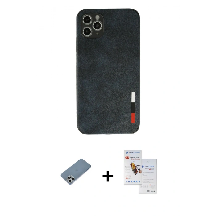 MARSİLYAN™- iPhone 11 Pro Max Kılıf Doruk Asil Koleksiyonu - Siyah Seramik Nano Ekran Koruyucu + Shine Kamera Lens Koruma Cam - GS