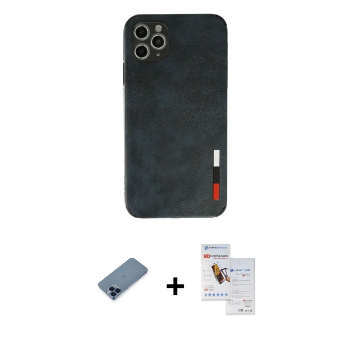 MARSİLYAN™- iPhone 11 Pro Max Kılıf Doruk Asil Koleksiyonu - Siyah Seramik Nano Ekran Koruyucu + Metal Kamera Lens Koruma Cam - MI
