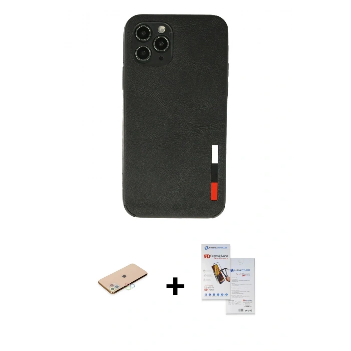 MARSİLYAN™- iPhone 11 Pro Max Kılıf Doruk Asil Koleksiyonu - Siyah Seramik Nano Ekran Koruyucu + Renkli Kamera Lens Koruma Cam - MI