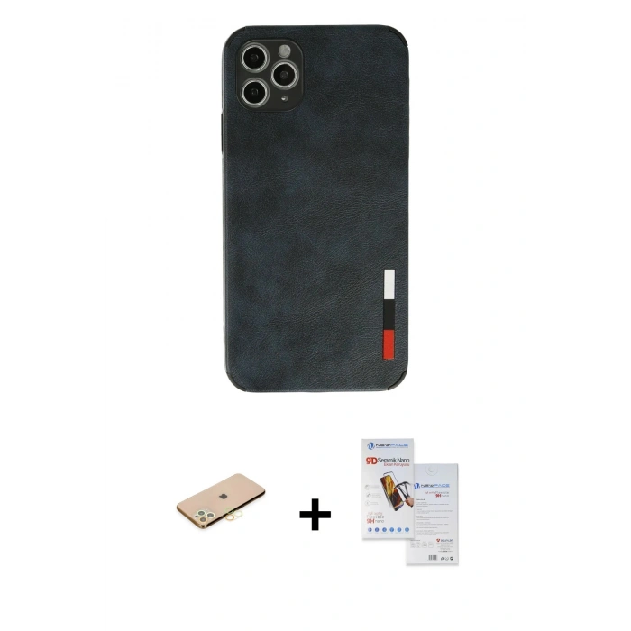 MARSİLYAN™- iPhone 11 Pro Max Kılıf Doruk Asil Koleksiyonu - Siyah Seramik Nano Ekran Koruyucu + Renkli Kamera Lens Koruma Cam - SI