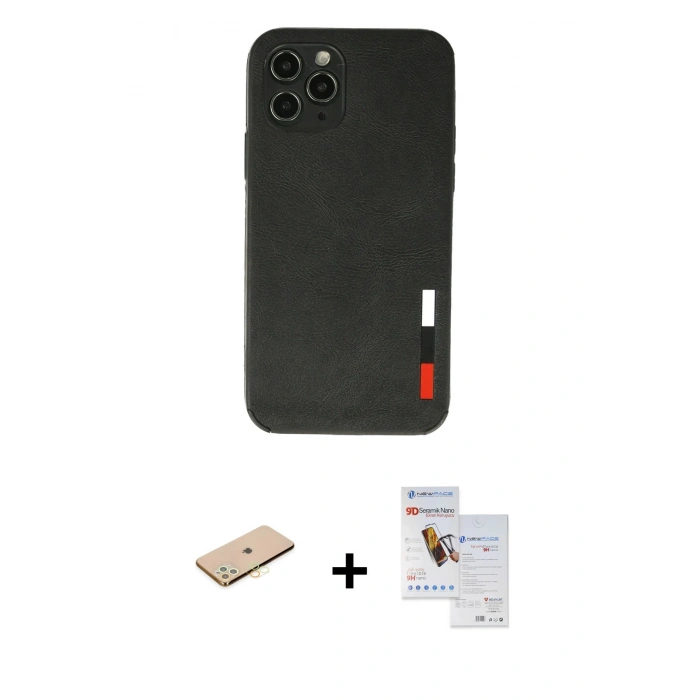 MARSİLYAN™- iPhone 11 Pro Max Kılıf Doruk Asil Koleksiyonu - Siyah Seramik Nano Ekran Koruyucu + Renkli Kamera Lens Koruma Cam - SI