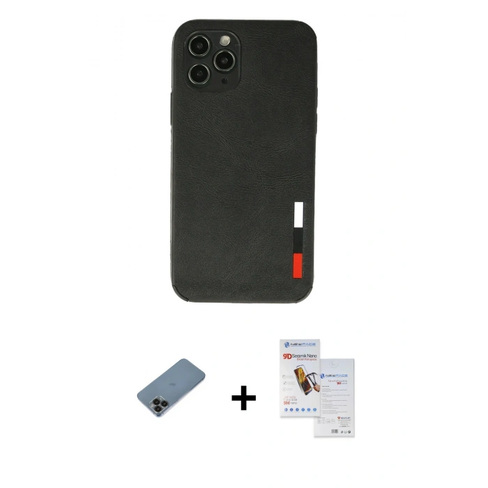 MARSİLYAN™- iPhone 11 Pro Max Kılıf Doruk Asil Koleksiyonu - Siyah Seramik Nano Ekran Koruyucu + Shine Kamera Lens Koruma Cam - SH