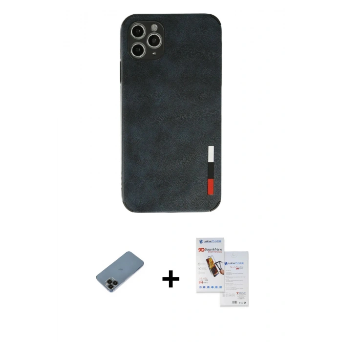 MARSİLYAN™- iPhone 11 Pro Max Kılıf Doruk Asil Koleksiyonu - Siyah Seramik Nano Ekran Koruyucu + Shine Kamera Lens Koruma Cam - SH