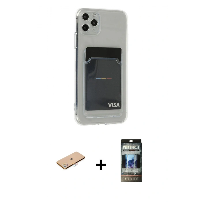 MARSİLYAN™- iPhone 11 Pro Max Kılıf Doruk Klasik Koleksiyonu - Siyah 34D Hayalet Izgaralı Cam + Renkli Kamera Lens Koruma Cam - PE