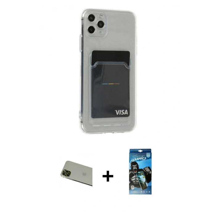 MARSİLYAN™- iPhone 11 Pro Max Kılıf Doruk Klasik Koleksiyonu - Siyah 34D Izgaralı Cam + Yeşil Rainbow Kamera Lens Koruma Cam