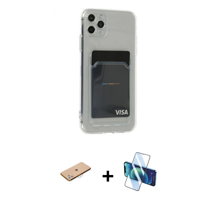 MARSİLYAN™- iPhone 11 Pro Max Kılıf Doruk Klasik Koleksiyonu - Siyah 3D Antistatik Cam Ekran Koruyucu + Renkli Kamera Lens Koruma Cam - PE
