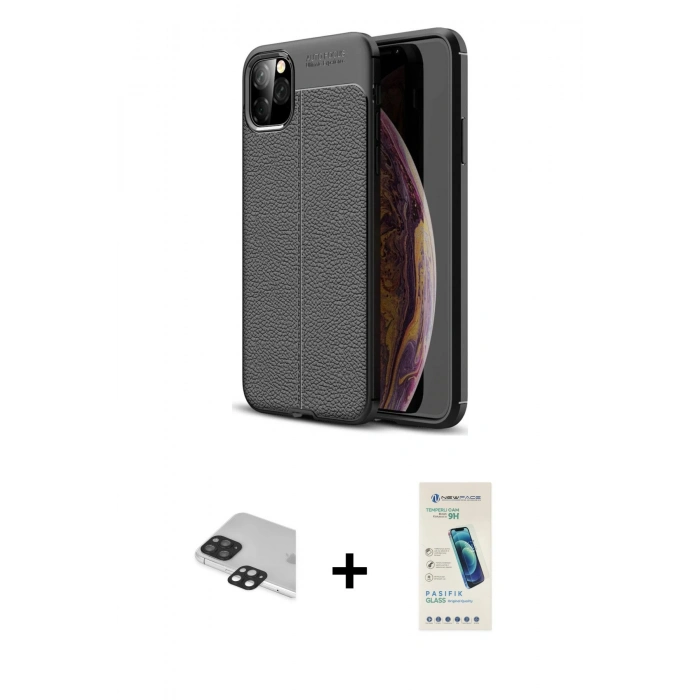 MARSİLYAN™- iPhone 11 Pro Max Kılıf Doruk Klasik Özel Seri - Şeffaf Pasifik Cam Ekran Koruyucu + Pers Alüminyum Kamera Lens - SH