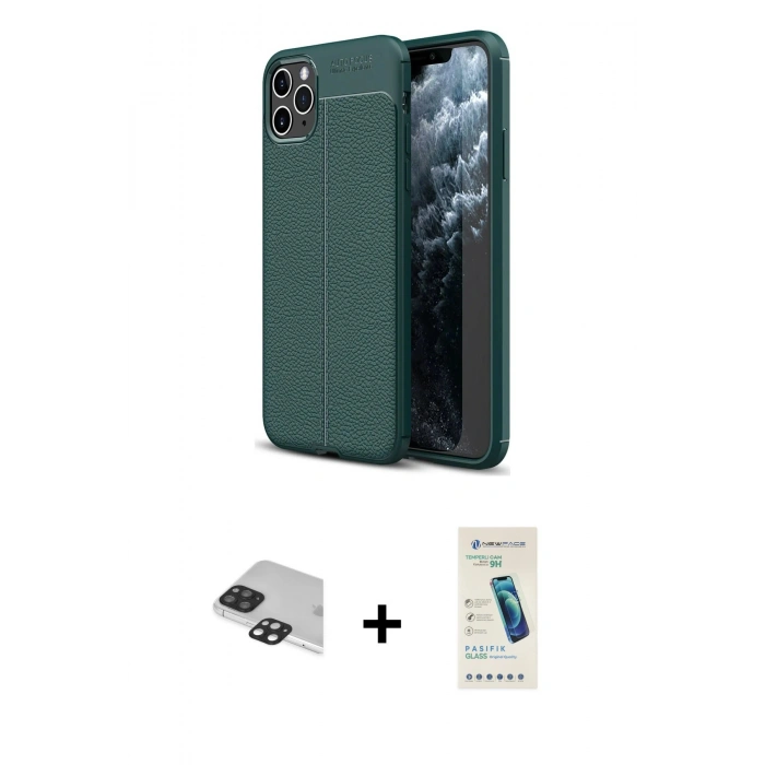 MARSİLYAN™- iPhone 11 Pro Max Kılıf Doruk Klasik Özel Seri - Şeffaf Pasifik Cam Ekran Koruyucu + Pers Alüminyum Kamera Lens - SH